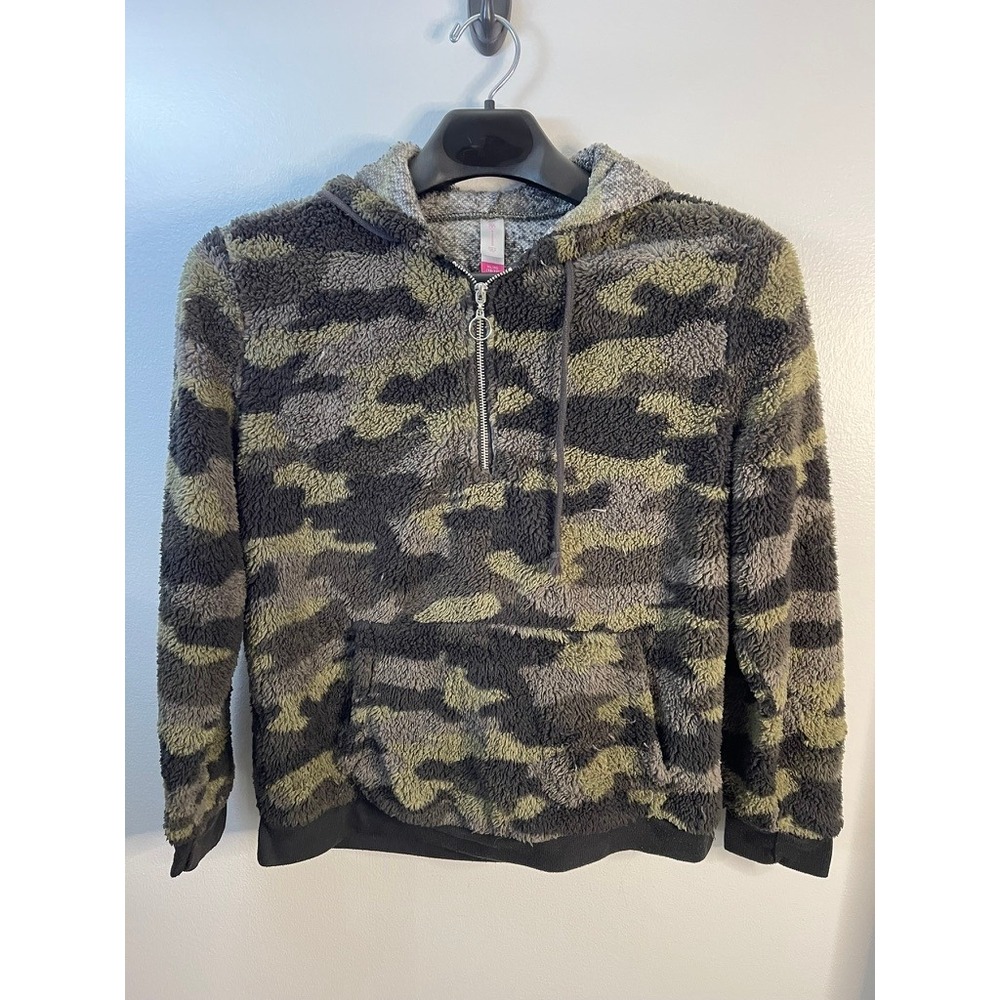 No Boundaries Womens Camo Sherpa Hoodie Quarter Zip Fleece Pullover XL 15-17